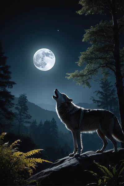 گرگ تنها در حال زوزه به ماه؛ تصویر شب طبیعت و جنگل عمیق