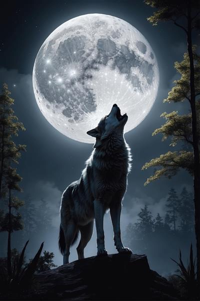 تصویر خیره کننده گرگ خاکستری زوزه در شب مهتابی؛ مناسب چاپ تابلو