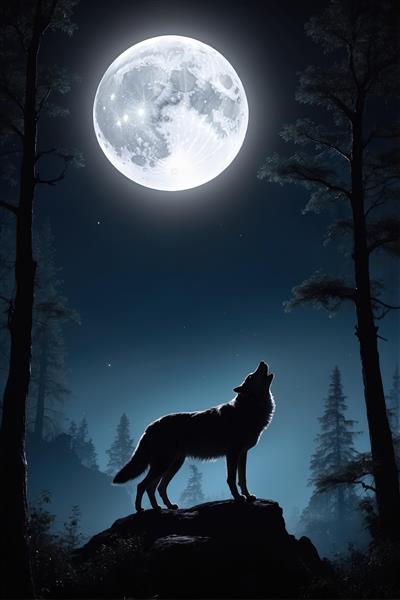 تصویر پروفایل گرگ سیاه زوزه کشان زیر ماه کامل؛ عکس چاپ باکیفیت