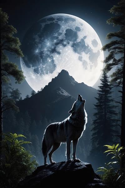 زوزه گرگ در شب مهتابی بر فراز کوهستان؛ تابلوی دیواری حیوانات وحشی