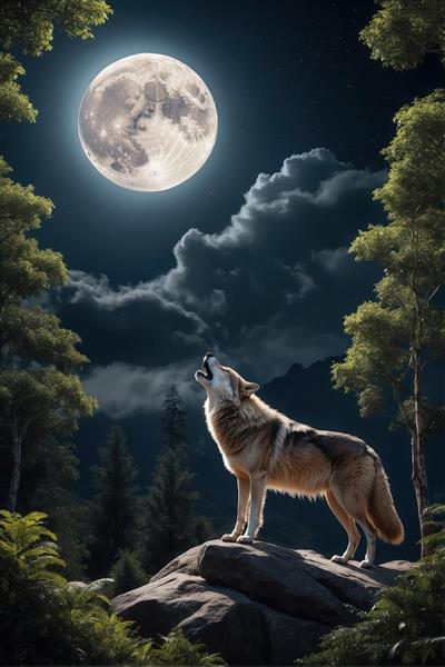 عکس‌رئال گرگ زوزه‌کش در طبیعت با ماه کامل در آسمان ابری (مناسب چاپ دکوراتیو)