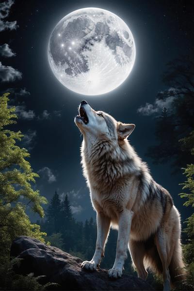 تصویر گرگ با جزئیات بالا روی صخره با نورپردازی مهتابی (رندر دیجیتال واقع‌گرایانه)