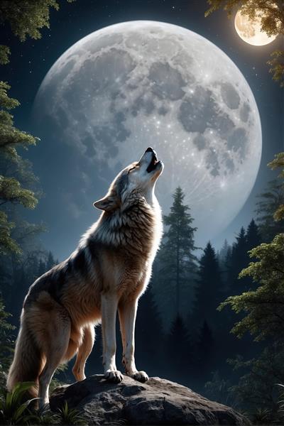 گرگ واقعی در حال زوزه‌کشی روی صخره با ماه عظیم و جزئیات بالا (تصویر رندر دیجیتال)