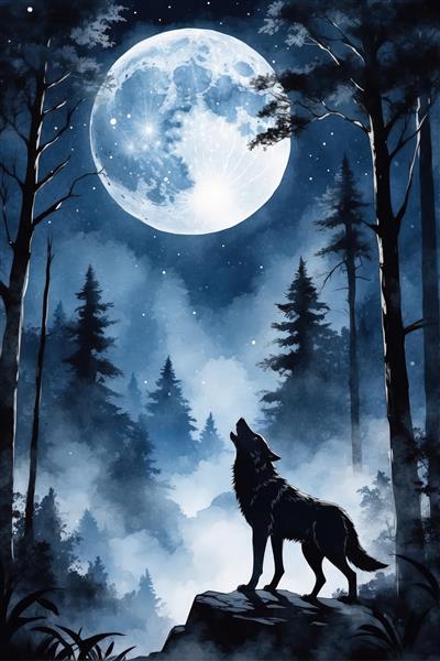نقاشی آبرنگی گرگ روی صخره در عمق جنگل مه‌آلود زیر ماه درخشان (تم سرد)