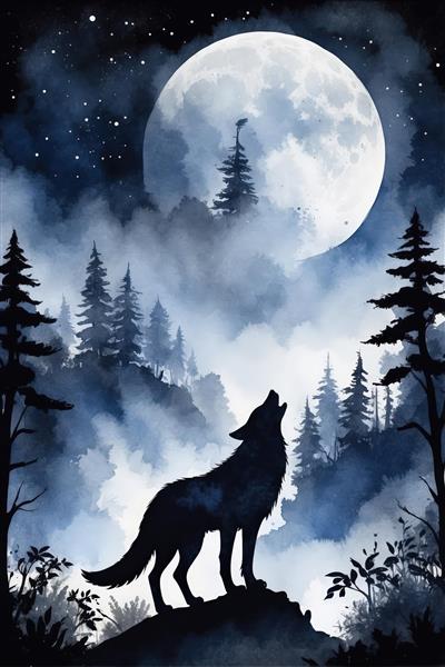 سیلوئت گرگ در جنگل مه‌آلود زیر ماه عظیم (نقاشی آبرنگ با بافت ابر و مه)