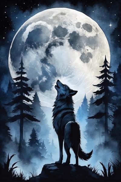 نقاشی گرگ زوزه کش با جزئیات خز در برابر ماه کامل و درختان کاج (سبک آبرنگ)