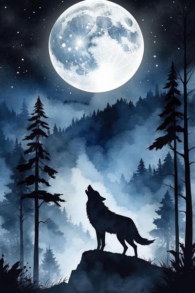 طرح آبرنگ گرگ سیاه در جنگل مه‌آلود زیر ماه بزرگ (تم رنگی آبی نفتی)