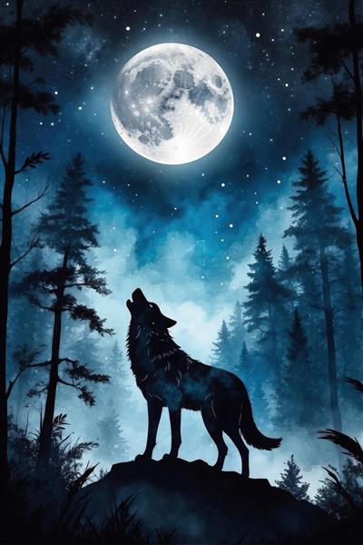 نقاشی آبرنگی گرگ روی صخره با پس‌زمینه درختان کاج و آسمان پر ستاره