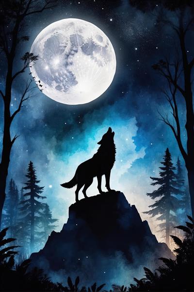 تصویرسازی گرگ در حال زوزه‌کشی روی قله صخره زیر ماه کامل (پس‌زمینه آبی)