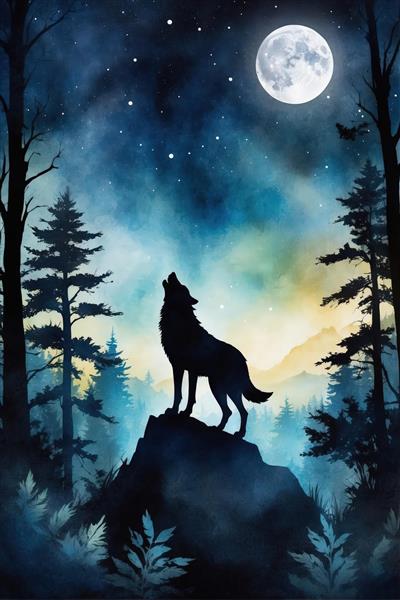 نقاشی آبرنگی گرگ سیاه در غروب آبی و زرد در جنگل (پوستر دکوراتیو)