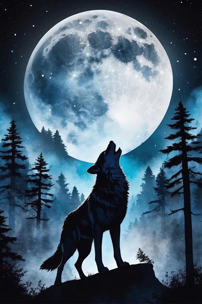 نقاشی باکیفیت گرگ در حال زوزه زدن در جنگل تاریک زیر ماه عظیم (مناسب چاپ پوستر)