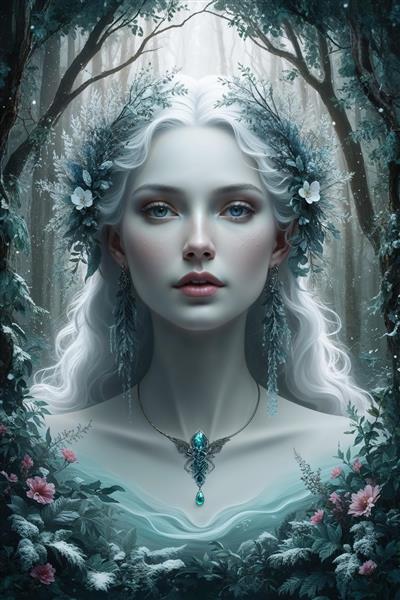 پرتره الهه زمستان یا برف با جواهر آبی و قاب شاخه‌های یخ‌زده (تصویر فانتزی)