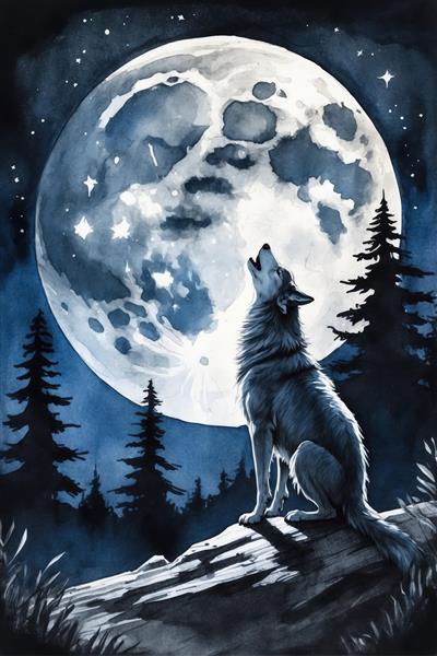 گرگ زوزه‌کش بر روی تنه درخت افتاده در مقابل ماه کامل درخشان (نقاشی عمودی)