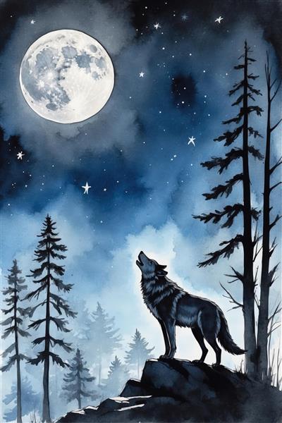 تصویر گرگ تنها در شب مه‌آلود زیر ماه کوچک و ستاره‌ها (نقاشی با تکنیک آبرنگ)