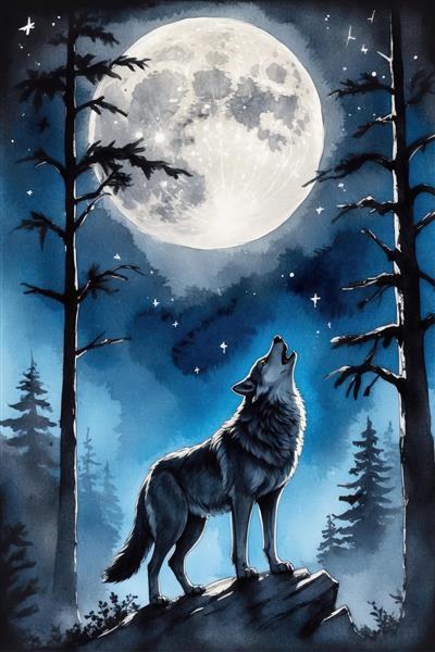 تابلوی آبرنگی گرگ روی صخره زیر ماه کامل و درختان تاریک (مناسب چاپ عریض)