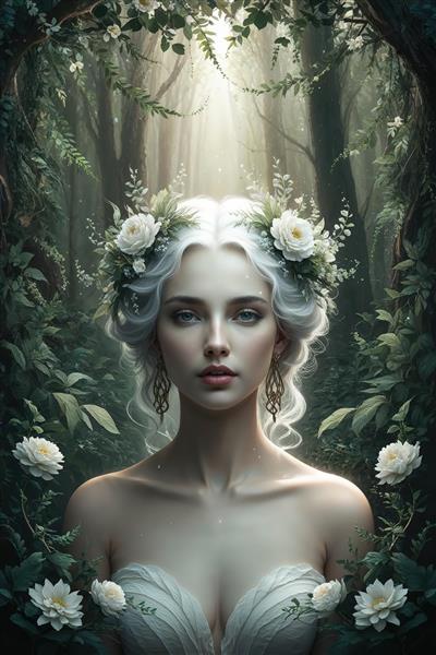پرتره الهه طبیعت با تاج گل سفید در جنگل انبوه و پرنور (تصویر فانتزی)