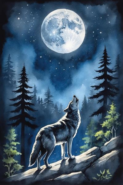 نقاشی آبرنگی گرگ زوزه کش در شب ماه کامل و جنگل کاج (پوستر دکوراتیو)