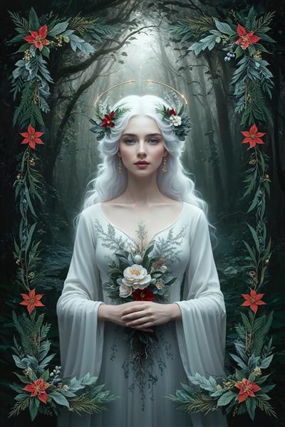 پرتره ملکه زمستان یا کریسمس با لباس سفید و قاب گیاهان سبز و قرمز