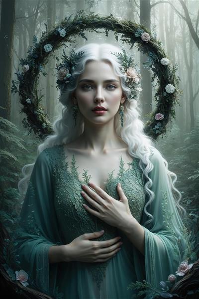 الهه جنگل با لباس فیروزه‌ای و هاله سبزرنگ در فضای مه‌آلود (نقاشی هنری)