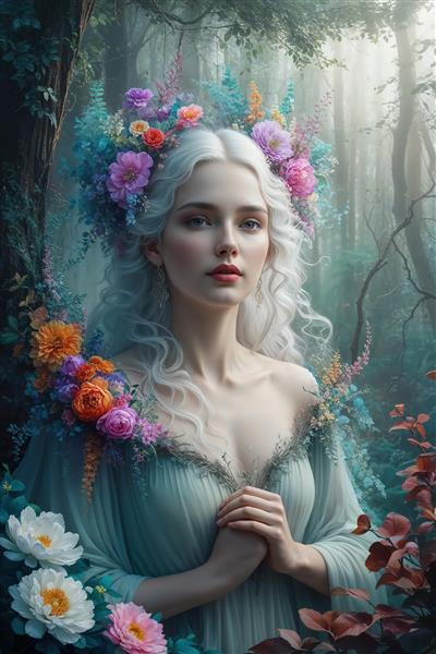 پرتره الهه بهار یا جنگل با تاج و قاب گل‌های رنگارنگ (تصویر فانتزی)