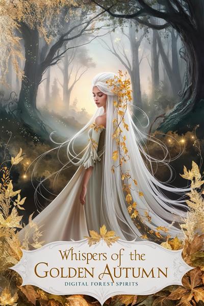 تصویر کامل الهه پاییز طلایی با لباس بلند در جنگل مه‌آلود (نقاشی دیجیتال فانتزی)