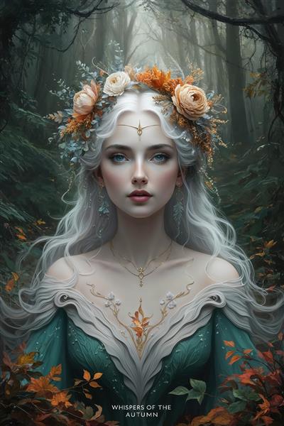 پرتره الهه پاییز با تاج گل و موهای نقره‌ای در جنگل تاریک (نقاشی دیجیتال فانتزی)