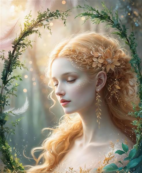 پرتره پری جنگلی (الف) با موهای طلایی در قاب شاخه‌های سبز و نور سحرگاهی