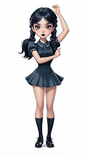 تصویر ونزدی آدامز در حال اجرای رقص با لباس مشکی و جوراب ساق‌دار (کارتون تمام‌قد)