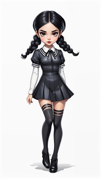 تصویر تمام‌قد ونزدی آدامز با پیراهن سفید زیر لباس مشکی (طراحی کارتونی ایستاده)