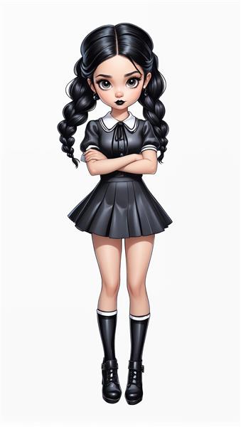 تصویر ونزدی آدامز با دست به سینه و استایل گوتیک (طراحی تمام‌قد با چکمه)