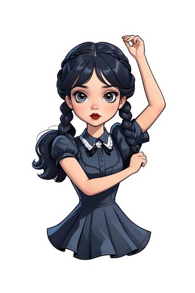 تصویر نیم‌تنه ونزدی آدامز در حال رقص با لباس گوتیک (طراحی کارتونی انیمه)