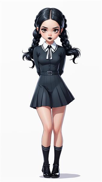 دختر ونزدی آدامز با آرایش تیره و ژست آرام (طراحی کارتونی، مناسب چاپ روی لباس)