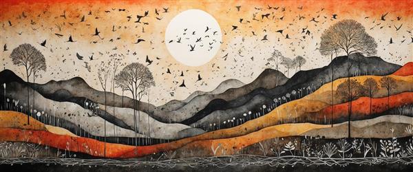 نقاشی انتزاعی غروب در تپه‌ها با پرندگان و گل‌های سفید (طرح پوستر با جزئیات مینیاتوری)