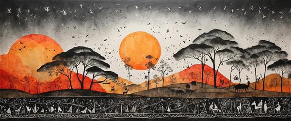 درختان آفریقایی و حیات وحش در زیر غروب خورشید (نقاشی هنری با تم گرم و طرح زیرزمینی)