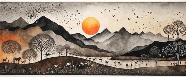 رودخانه در دل کوه‌های مه‌آلود با درختان خشک (تابلوی هنری دکوراتیو با کنتراست ملایم)