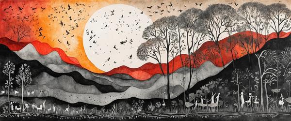 کوهپایه‌های تیره و روشن در افق نارنجی (طرح سئو محور برای دکوراسیون دیواری عریض)