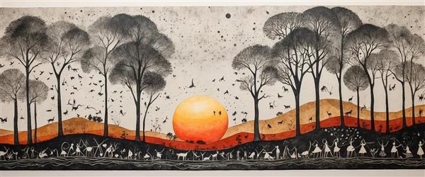 درختان سیاه در غروب نارنجی و اجتماع انسان‌ها (نقاشی با سبک خطی و کنتراست بالا)