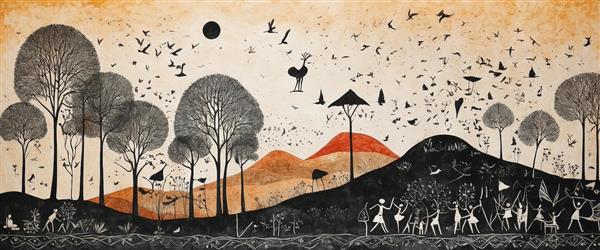 مراسم قبیله‌ای زیر درختان سایه‌دار (تصویرسازی انتزاعی با جزئیات هندسی)