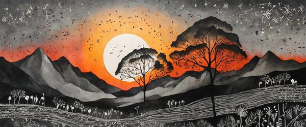 تابلو عریض کوهستان و درختان با غروب یا طلوع نارنجی، طرح آبستره تیره و روشن