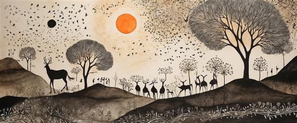 نقاشی عریض دشت و گوزن‌ها با درختان گرد و غروب خورشید نارنجی، طرح مدرن