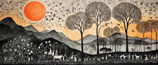 نقاشی عریض کوهستان و درختان گرد با غروب خورشید، در پس‌زمینه حیوانات جنگلی (گوزن)