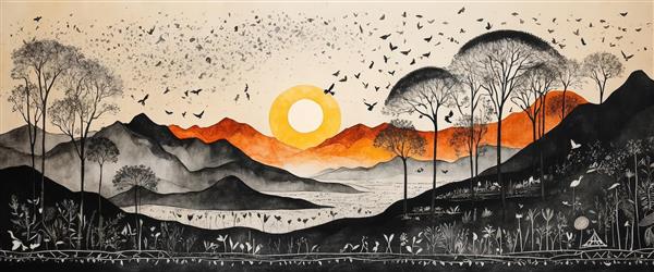 منظره عریض کوهستان با دریاچه و طلوع/غروب آفتاب طلایی و قرمز، طرح آبستره