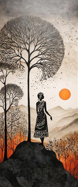 پرتره زن قبیله‌ای سیاه در حال تماشای غروب نارنجی از بالای صخره، طرح عمودی