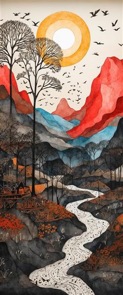 نقاشی عمودی رودخانه در کوهستان با رنگ‌های قرمز و آبی و خانه‌های چوبی، طرح مدرن