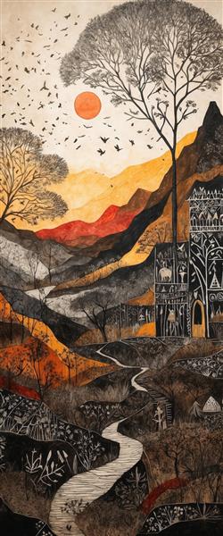 نقاشی عمودی رودخانه در دره با درختان و خانه‌های قبیله‌ای، ترکیب رنگ گرم و تیره