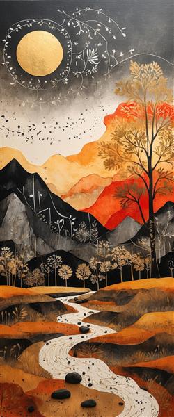 نقاشی آبرنگ عمودی کوهستان با رودخانه و ماه طلایی در طیف رنگی نارنجی و قرمز