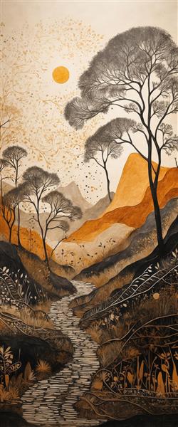 نقاشی انتزاعی از کوهستان و رودخانه سنگی با درختان و رنگ‌های نارنجی و قهوه‌ای تیره