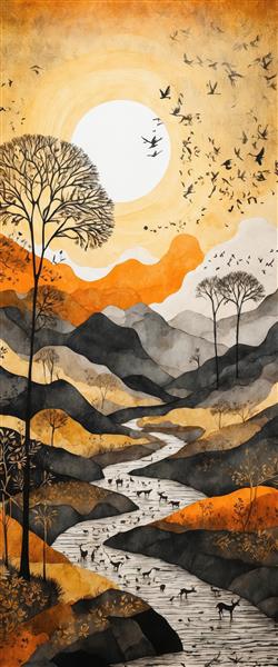 منظره نقاشی آبرنگی عمودی از رودخانه و کوهستان با غروب طلایی و گله گوزن‌ها