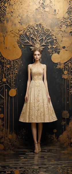 پرتره زن با لباس طلایی مجلسی و تاج در قاب شاخ و برگ‌های طلایی روی پس‌زمینه تیره