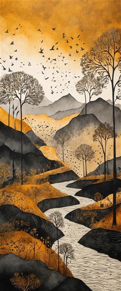 نقاشی منظره رودخانه پیچان در دره کوهستانی با طیف رنگی نارنجی و سیاه، طرح عمودی